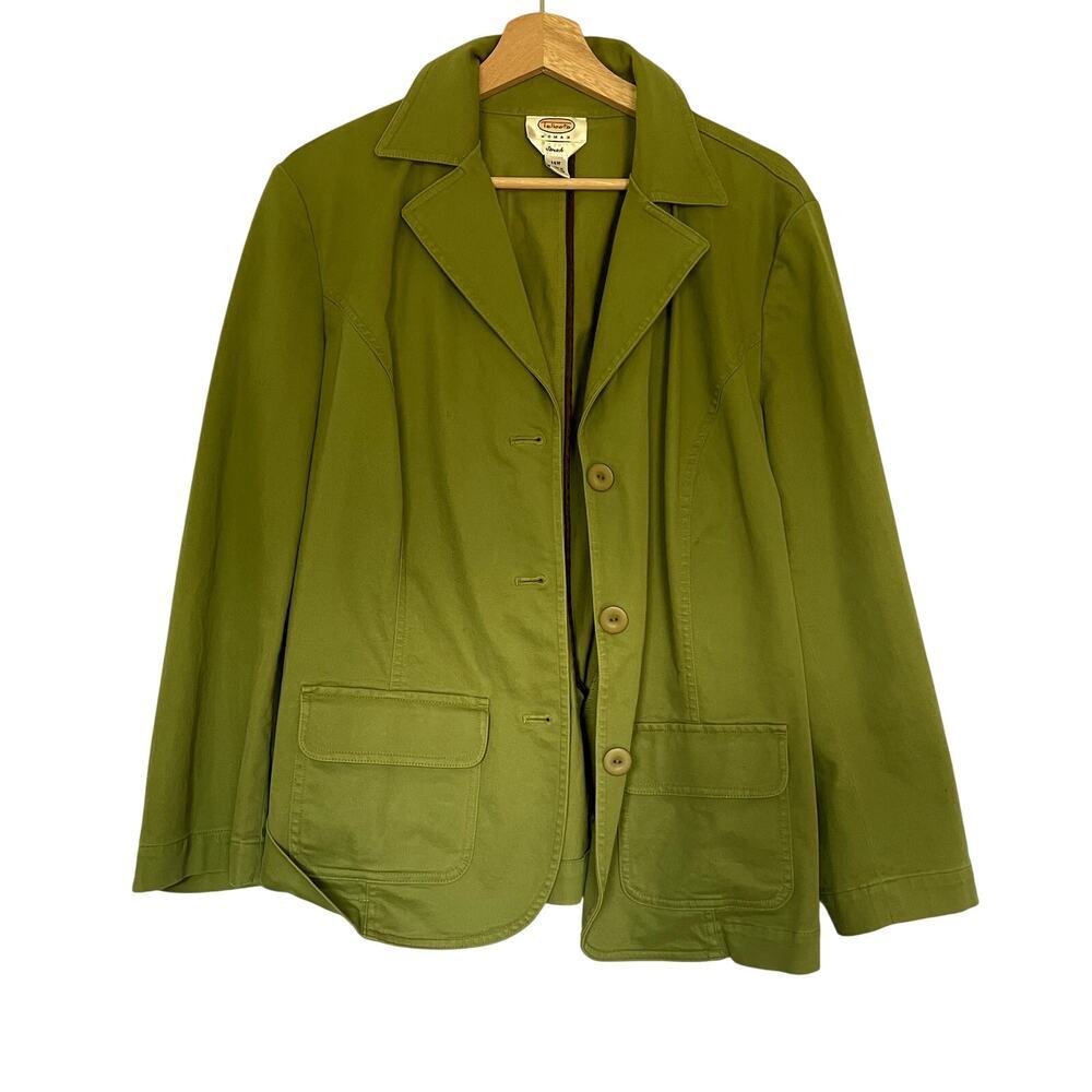 Talbots woman stretch 14W olive green bright blazer pockets buttons cotton top